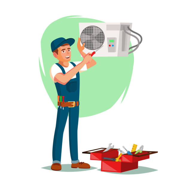 klimaanlage reparatur service vektor. junger mann reparatur klimaanlage. cartoon character illustration - mechanic cartoon construction work tool stock-grafiken, -clipart, -cartoons und -symbole