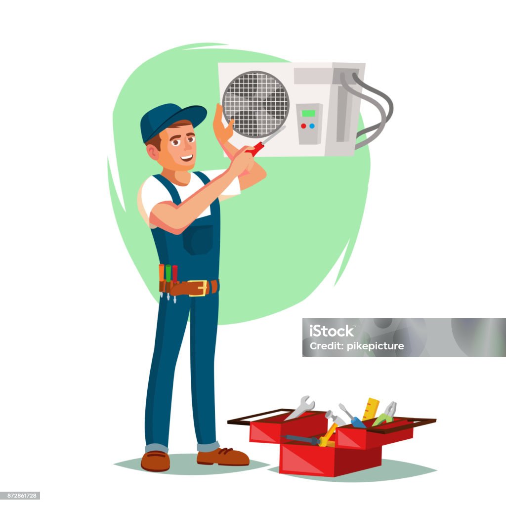 Air Conditioner Repair Service Vector. Young Man Repairing Air Conditioner. Cartoon Character Illustration Air Conditioner Repair Service Vector. Technician Repairing Classic Conditioner On The Wall. Isolated On White Cartoon Character Illustration Air Conditioner stock vector