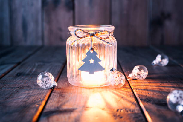 istock Christmas tree decoration on old wood - Candle Jar Label Card 872861778