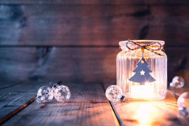 istock Christmas tree decoration on old wood - Candle Jar Label Card 872861842