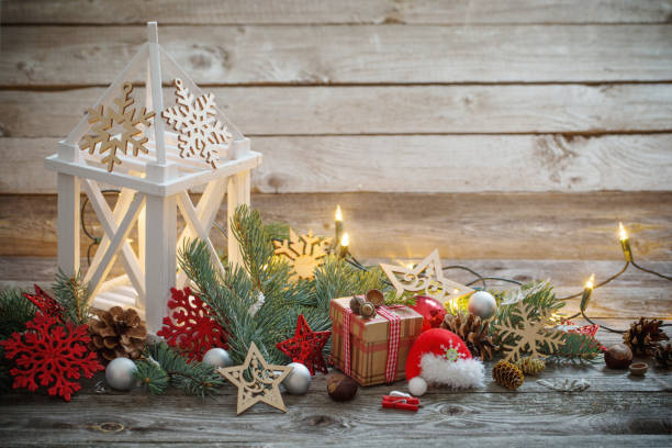 istock Christmas decoration with white lantern  on wooden background 872866624
