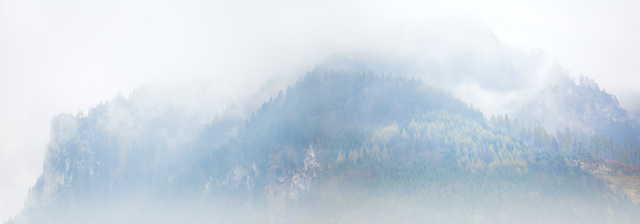 Large pnorama of foggy mountains in the alps with cloudy hillsides and trees, bavaria, germany