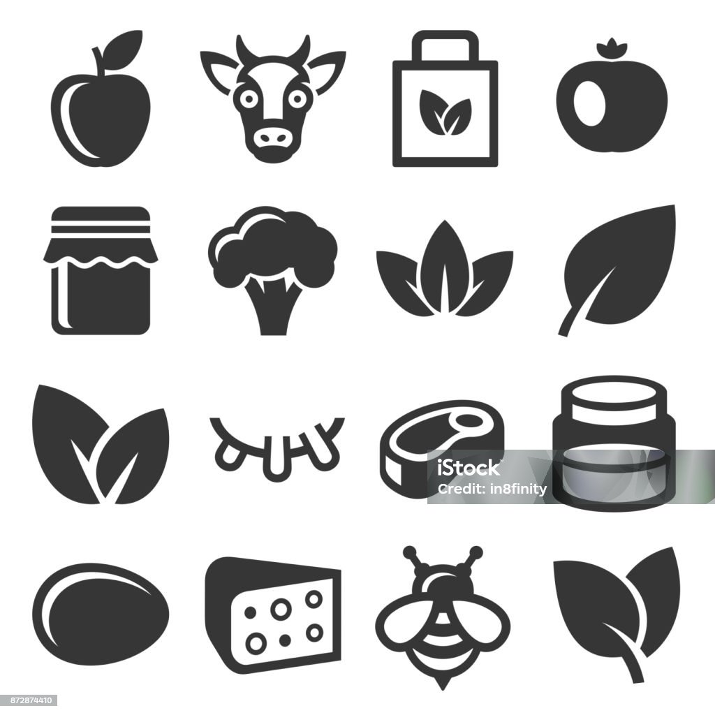 Fazenda e conjunto de ícones de alimentos orgânicos. Vector - Vetor de Carne royalty-free