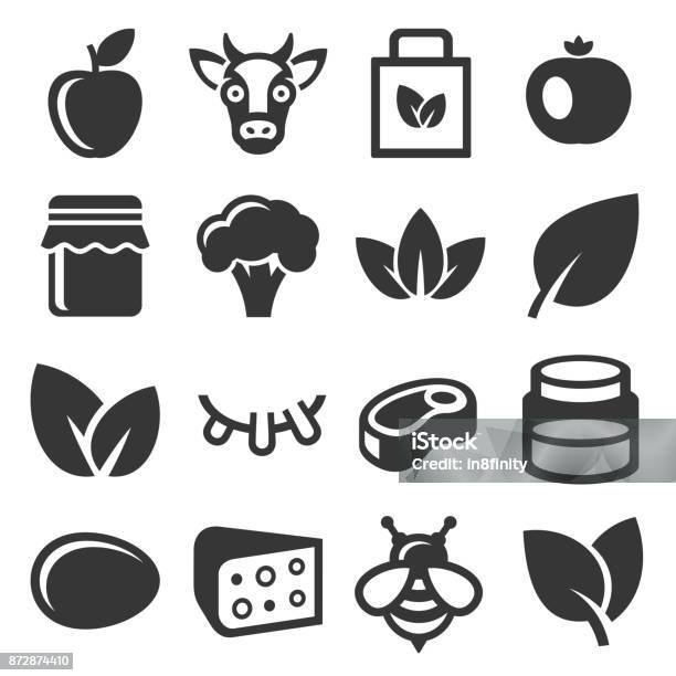 Farm And Organic Food Icons Set Vector Stock Illustration - Download Image Now - Meat, Vegetable, Food