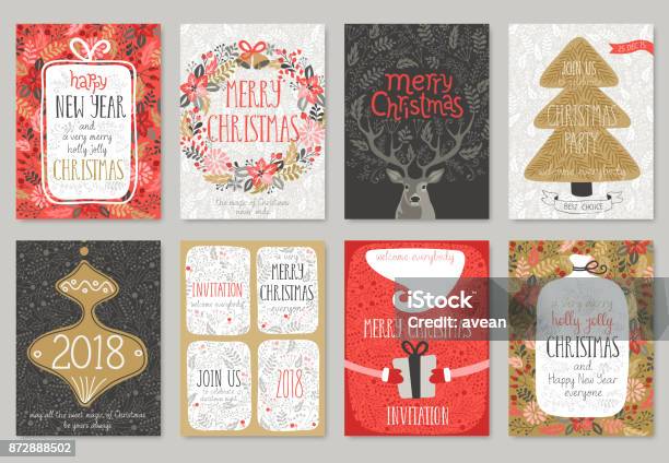 Set Di Carte Di Natale Disegnato A Mano - Immagini vettoriali stock e altre immagini di Cartolina di Natale - Cartolina di Natale, Vacanze, Natale