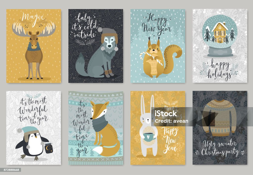 Christmas animals card set, hand drawn style. Christmas animals card set, hand drawn style. Vector illustration. Christmas Card stock vector