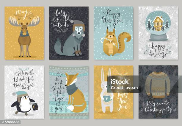 Christmas Animals Card Set Hand Drawn Style Stock Illustration - Download Image Now - Christmas Card, Christmas, Humor