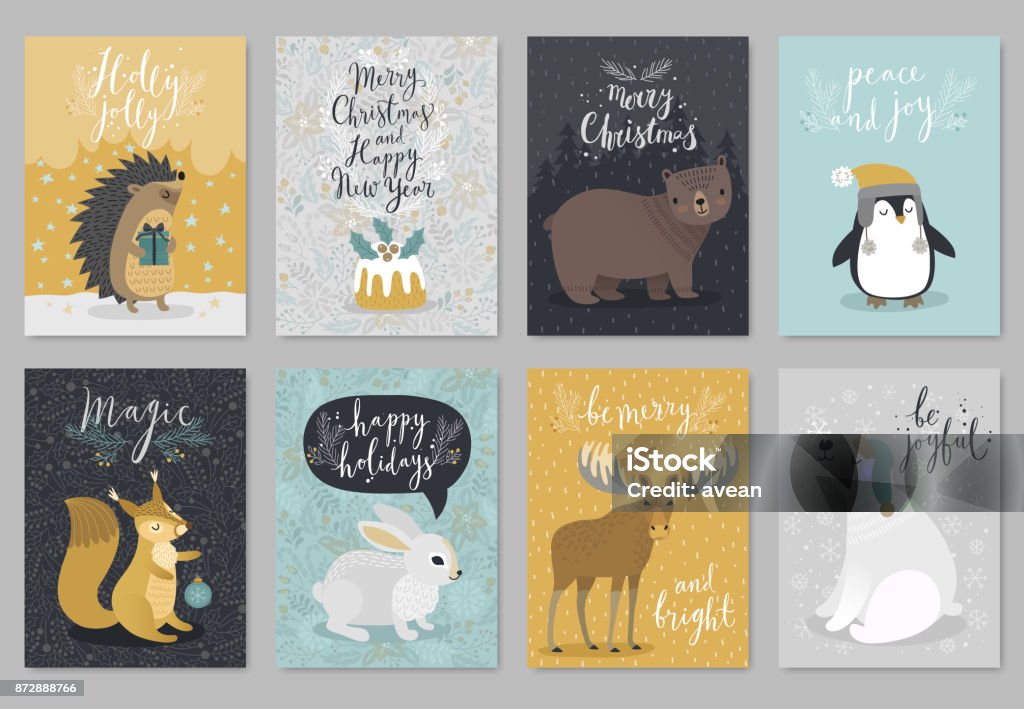 Christmas animals card set, hand drawn style. Christmas animals card set, hand drawn style. Vector illustration. Animal stock vector