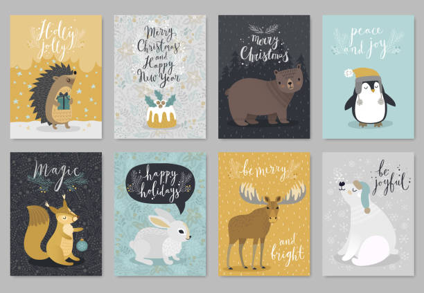 Christmas animals card set, hand drawn style. Christmas animals card set, hand drawn style. Vector illustration. hedgehog stock illustrations