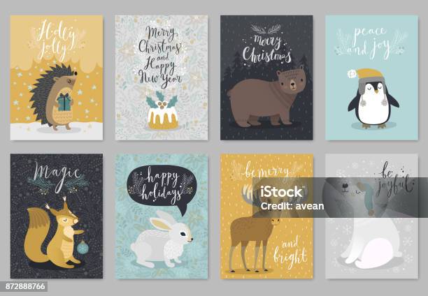 Christmas Animals Card Set Hand Drawn Style Stock Illustration - Download Image Now - Animal, Christmas, Greeting Card
