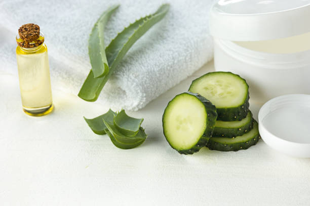 Cucumber and aloe cosmetic cream face, skin and body care hygiene moisture lotion Cucumber and aloe cosmetic cream face, skin and body care hygiene moisture lotion and wellness therapy mask in glass jar with towel on white background aloe plant alternative medicine body care stock pictures, royalty-free photos & images