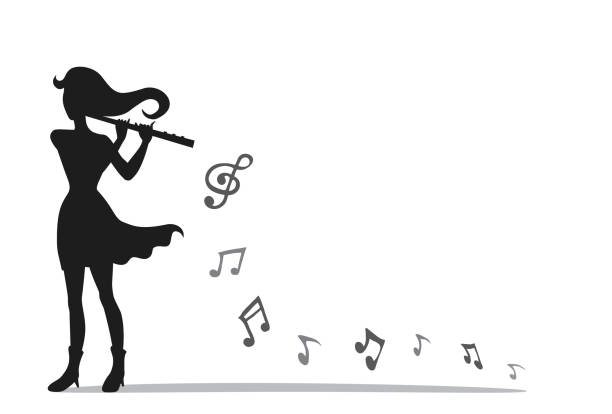 ilustrações de stock, clip art, desenhos animados e ícones de musician playing a flute in mini concert. vector style of a woman and instrument with music notes. - flute solo