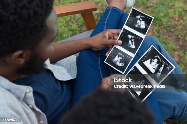 Couple Looking At Sonography In Park Stock Photo - Download Image Now - Couple - Relationship, Pregnant, 20-29 Years