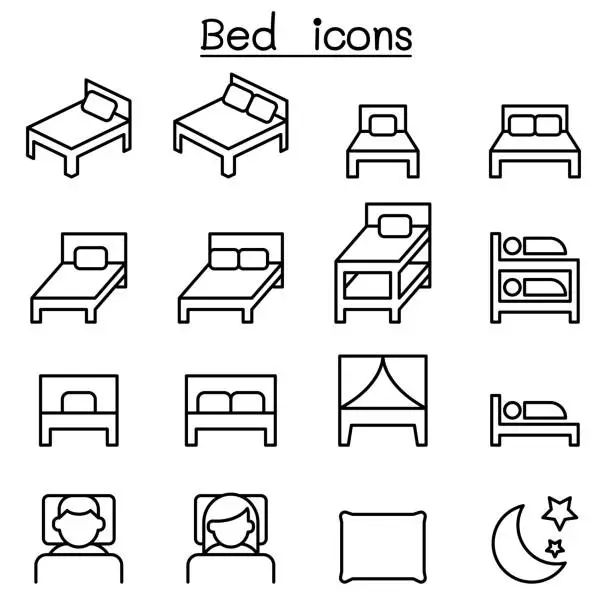 Vector illustration of Bed icon set in thin line style