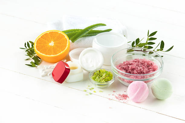 istock Spa concept with salt, mint, lotion, towel on white background 872899280