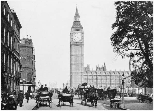 античная фотография лондона: бридж-стрит, вестминстер - clock tower фотографии stock illustrations