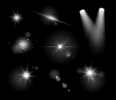 Vector realistic transparent light effects and lens flares isolated on black background.