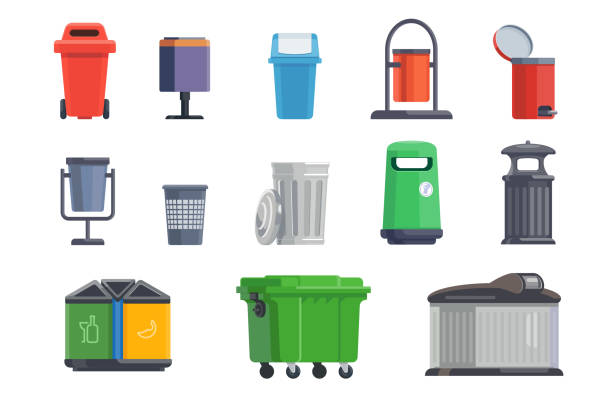 illustrazioni stock, clip art, cartoni animati e icone di tendenza di set di bidoni della spazzatura per casa e strada - garbage can