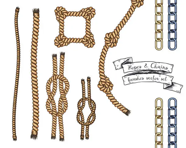 Vector illustration of Set of hand drawn editable brushes of ropes and chains.