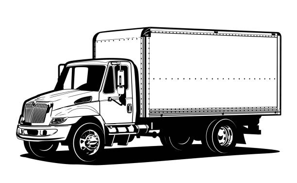 векторный шаблон контура грузовика, изолированный на белом - vehicle trailer trucking white outline stock illustrations