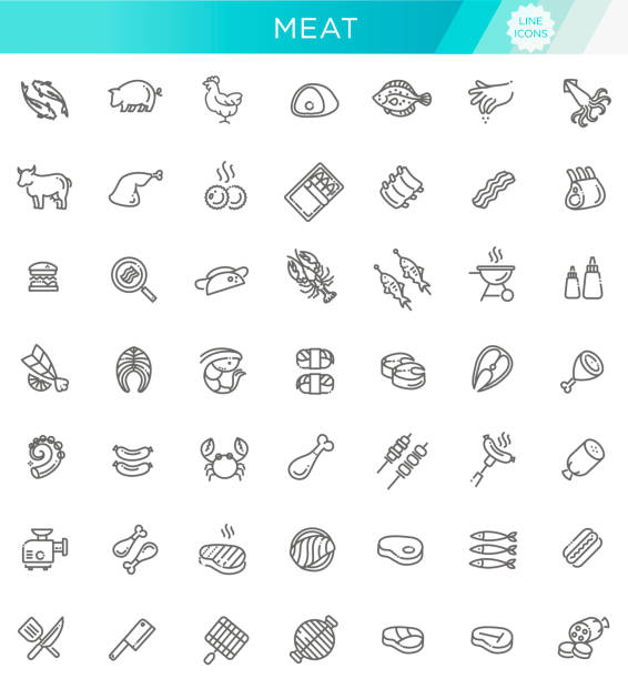 Simple Set of Meat Related Vector Line Icons Line Set of flat icons about meat shrimp prepared shrimp seafood vector stock illustrations