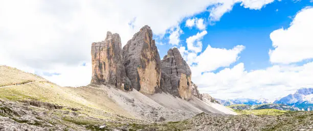 The three peaks, from left to right : Cima Piccola (2857 m), Cime Grande (2999 m), Cima Ovest (2973m).