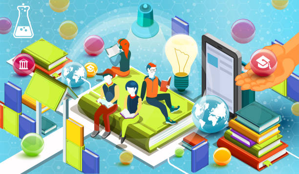 Reading people.  Educational concept. Online library. Online education isometric flat design on blue background. Vector illustration Reading people.  Educational concept. Online library. Online education isometric flat design on blue background. Vector illustration organized bookshelf stock illustrations