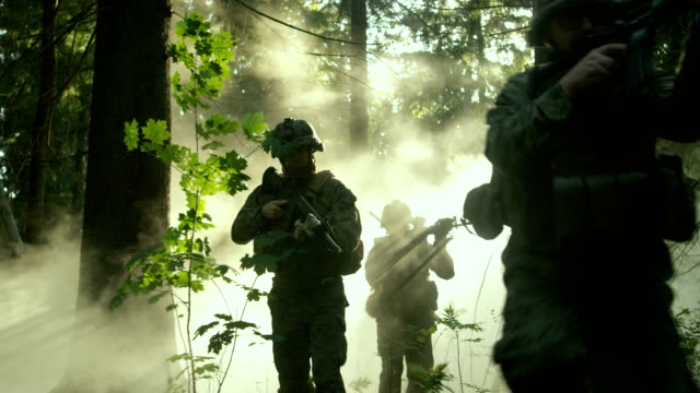 Fully Equipped Soldiers Wearing Camouflage Uniform Attacking Enemy, Rifles Ready to Shoot. Military Operation in Action, Squad Running in Formation Through Dense Smokey Forest.