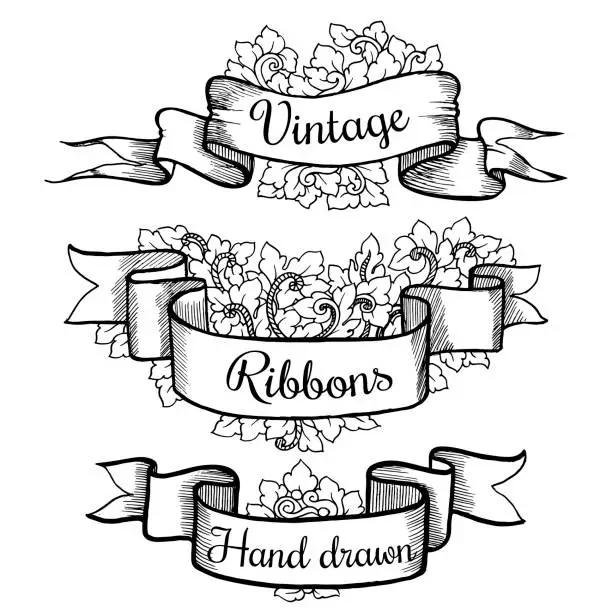 Vector illustration of Old hand drawn banner to scrapbook or design in vector.Collection of vintage ribbons isolated on white background and place for text. Sketch decorative element with ornamental floral decoration.