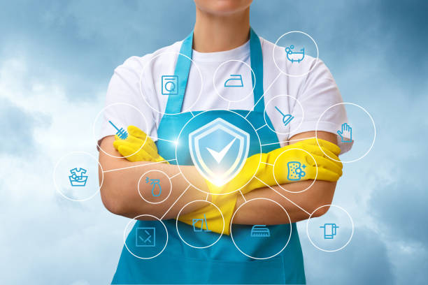 istock Cleaning woman shows on screen quality services . 872950228