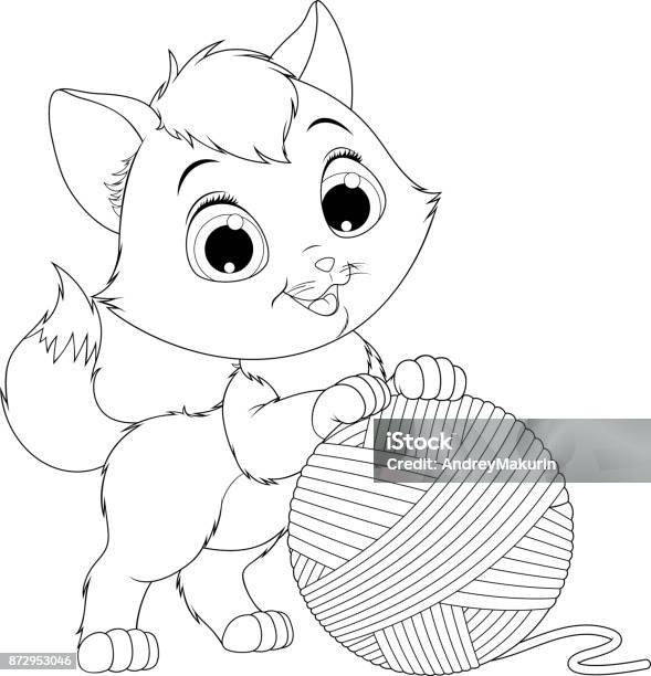 Funny Kitten With A Ball Of Threads Stock Illustration - Download Image Now - Domestic Cat, Coloring, Cute