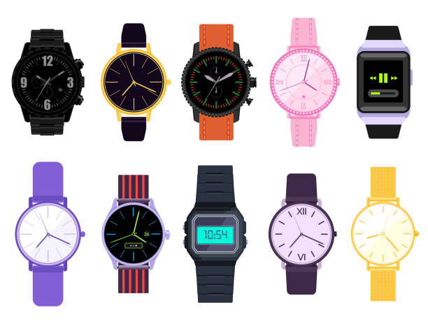 ilustraciones, imágenes clip art, dibujos animados e iconos de stock de vector conjunto de relojes de los hombres y las mujeres - reloj de pulsera