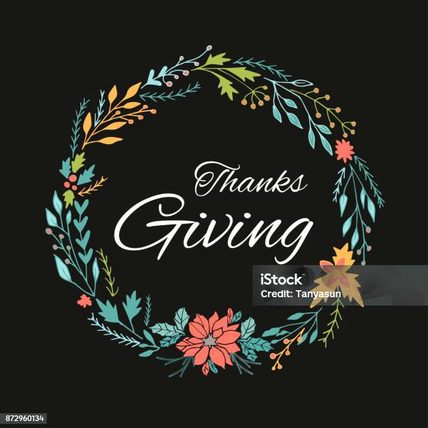 Hand Drawn Happy Thanksgiving Card With Decorative Wreath Celeb Stock Illustration - Download Image Now