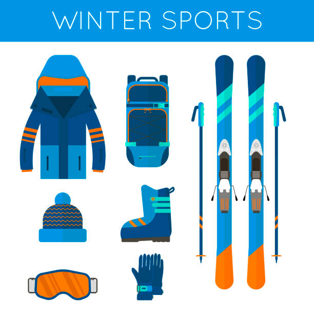ilustraciones, imágenes clip art, dibujos animados e iconos de stock de colección de iconos de deporte de invierno. esquí y snowboard juego equipar - snowboarding snowboard teenager red