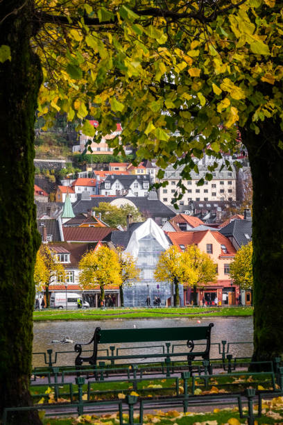 Bergen: Empty bench on the shore of small Lille Lungegardsvannet lake, also called Smalungeren, in autumn, Bergen, Norway
