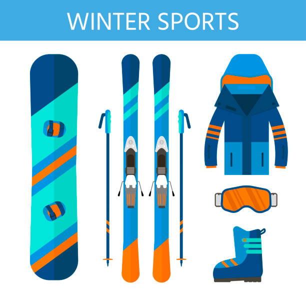 ilustraciones, imágenes clip art, dibujos animados e iconos de stock de colección de iconos de deporte de invierno. esquí y snowboard juego equipar - snowboarding snowboard teenager red