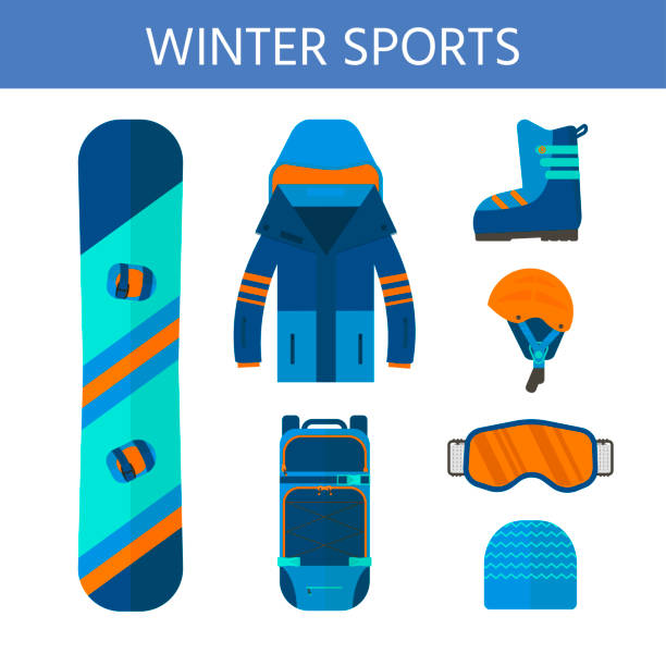 ilustraciones, imágenes clip art, dibujos animados e iconos de stock de colección de iconos de deporte de invierno. esquí y snowboard juego equipar - snowboarding snowboard teenager red