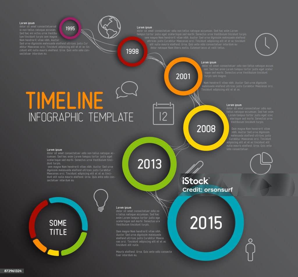 Infographic dark timeline report template with circles Vector dark Infographic timeline report template with icons Timeline - Visual Aid stock vector