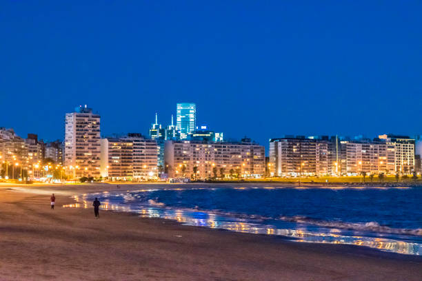 MONTEVIDEO, URUGUAY, SEPTEMBER - 2017 - Night scene at pocitos beach in Montevideo city, Uruguay