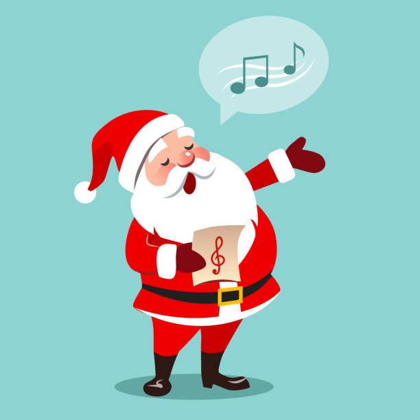 Vector Cartoon Illustration Of Santa Claus Singing Christmas Carols Holding  Sheet Music In One Hand Musical Notes In Speech Bubble Isolated On Aqua  Blue Background Contemporary Flat Style Stock Illustration - Download