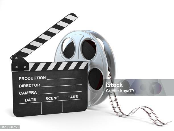 Movie Clapper And Film Reel 3d Illustration Stock Photo - Download Image Now - White Background, Film Reel, Film Slate