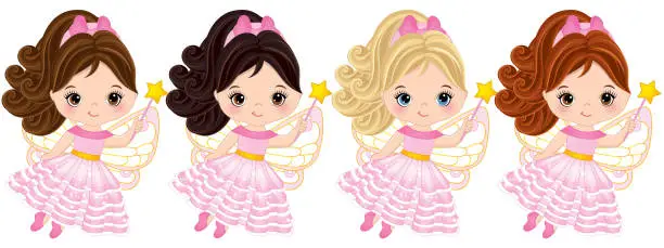 Vector illustration of Vector Cute Little Fairies with Various Hair Colors