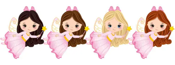 Vector illustration of Vector Cute Little Fairies with Various Hair Colors