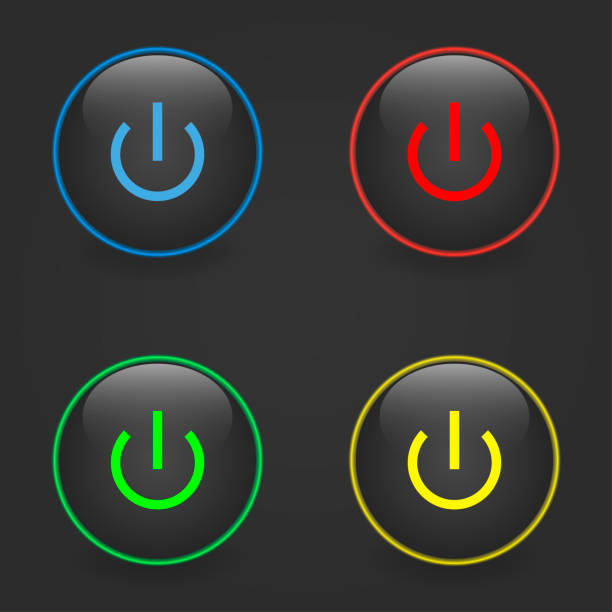 istock Set of neon circle. Button switch with blue, red, green, yellow light on a black background 873001080