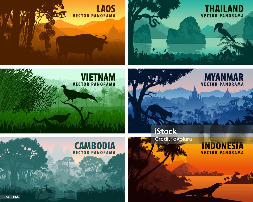 Vector panorama of Laos, Vietnam, Cambodia, Thailand, Myanmar, Indonesia Landscape - Scenery stock vector