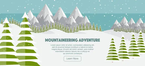 Vector illustration of Vector flat mountains panoramic illustration. Mountaineering adventure winter banner, web design. High mountains, fir trees, ski trail, snowfall. Alps, wide panoramic background.