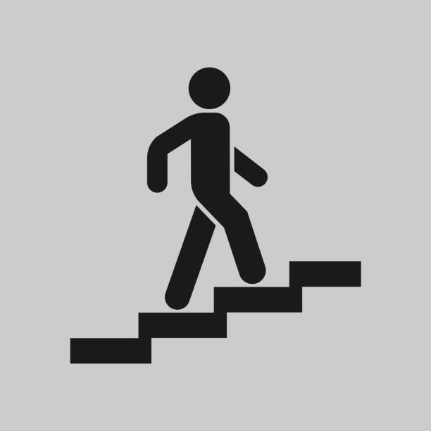 icon descent up the stairs, signpost icon descent up the stairs, signpost, fully editable vector image people walking down stairs stock illustrations