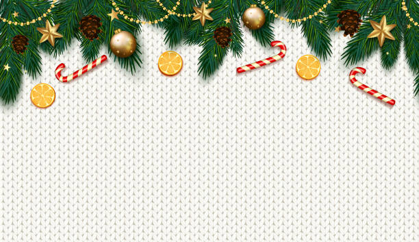 ilustrações de stock, clip art, desenhos animados e ícones de christmas decoration with fir tree, gift, candy canes on white knitted background. vector illustration - christmas winter close up table