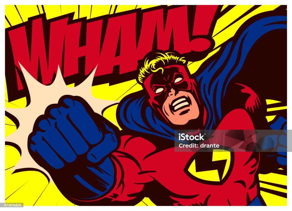 Superhéroe de cómic pop art lanzar golpe vector ilustración - arte vectorial de Superhéroe libre de derechos