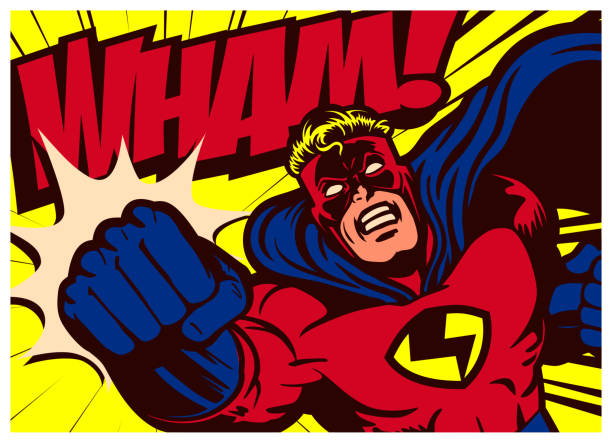 ilustraciones, imágenes clip art, dibujos animados e iconos de stock de superhéroe de cómic pop art lanzar golpe vector ilustración - sound effect